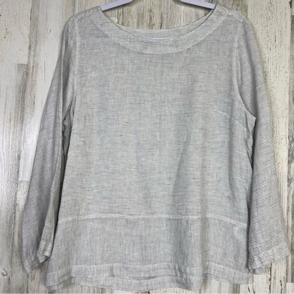 TAHARI Linen Shirt Womens Size Large, White Black Striped Shirt Lagenlook Casual